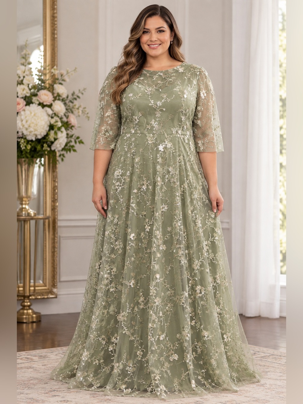 Elegant sparkling Olive Green Lace Evening Gown with a back zip